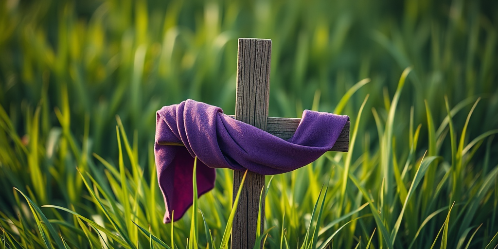 Create a digital illustration of a wooden cross wrapped with a purple cloth, surrounded by green grass, captured with a Canon EOS R5, 50mm lens at f/1.8, in vibrant colors with a slight depth of field effect to enhance focus on the cross.