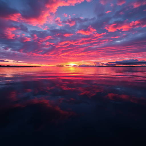 Generate an image of a serene sunset over a calm lake, with vibrant colors reflecting in the water, photographed using a Canon EOS R5, 50mm lens at f/1.8, ISO 100, 1/100 sec, with a low angle view to capture the foreground details and smooth water surface.