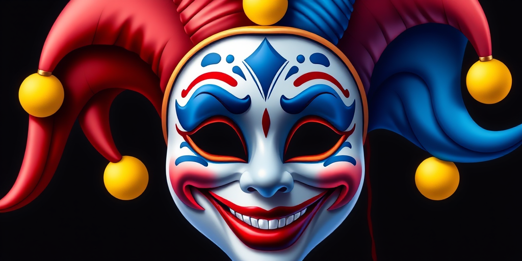 Create a vibrant jester mask illustration with a smiling face, rich blue and red colors, adorned with yellow accents, high resolution, taken with a DSLR camera at f/2.8 aperture, 50mm lens, in a well-lit studio setting to enhance details and colors.