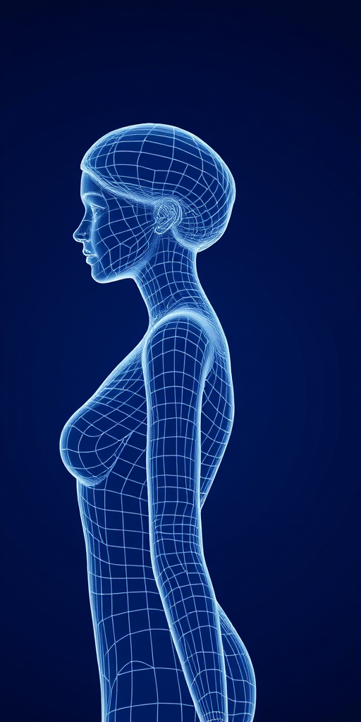 Create a high-quality 3D wireframe model of a female figure in profile view with a deep blue background, using a DSLR camera with a 50mm lens, aperture set to f/2.8 for shallow depth of field, and ISO 100 for optimal clarity.