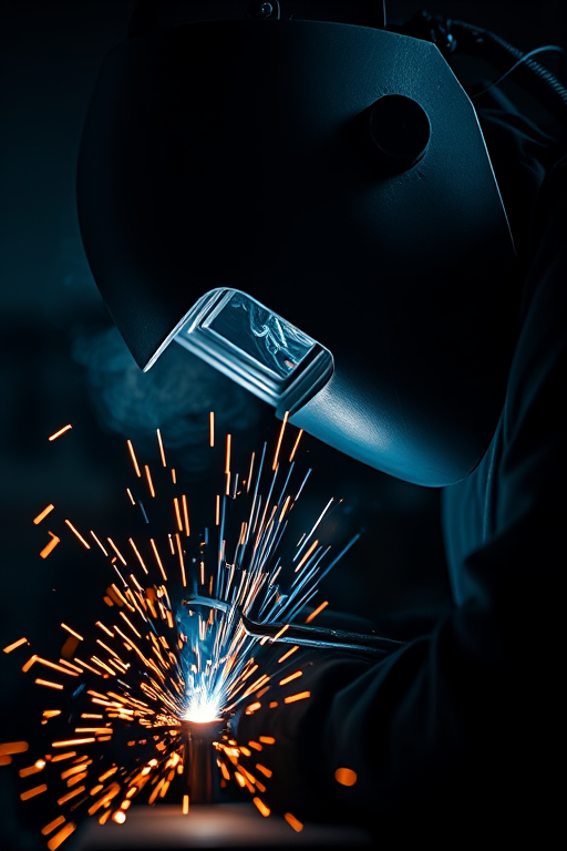 professional welding scene with sparks flying under low light, focusing on the welder's helmet and the bright arc, shallow depth of field, ISO 800, f/2.8, 1/60s, 50mm lens, DSLR camera, moody ambiance