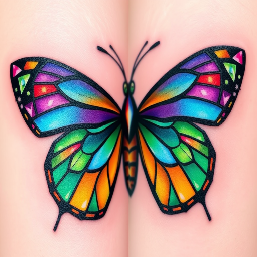 Whimsical "Stained Glass Butterfly" tattoo transforms a delicate insect into a colorful work of art. Vivid jewel tones of sapphire, emerald, and amethyst fill intricate geometric shapes, while black linework mimics the lead came of traditional stained glass. This eye-catching piece combines the beauty of nature with the artistry of human craftsmanship.