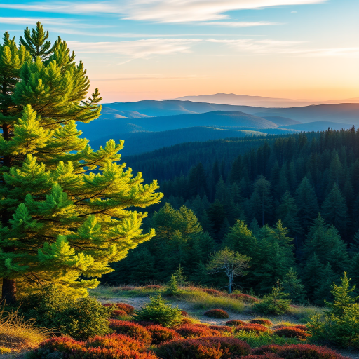 create a vibrant landscape scene featuring a large green tree on the left, rolling blue hills in the background, and a dense forest of evergreen trees on the right, captured at sunrise with soft lighting, using a DSLR camera with a 24mm lens, f/8 aperture, ISO 100, style: hyper-realistic, focus on sharpness and color saturation