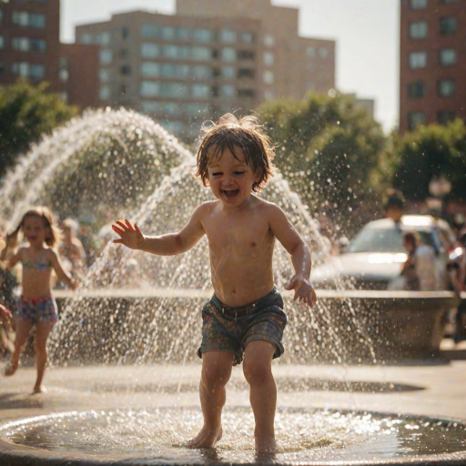 Blurry candid shot of a child playing in a fountain on a hot summer day, water droplets caught mid-splash, with soft sunlight creating rainbow reflections in the mist and distant city buildings in the background.