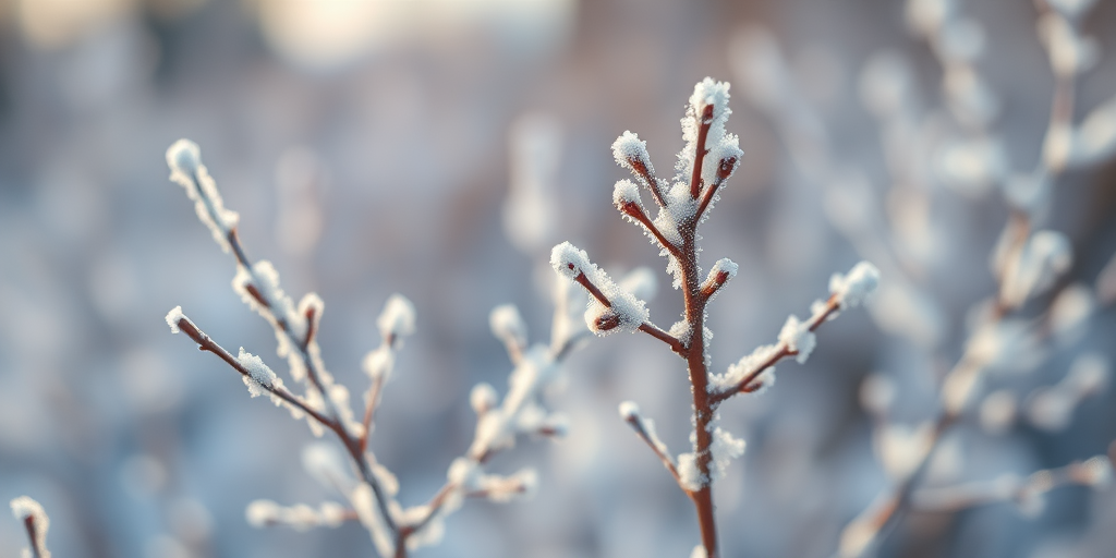 capture a close-up of delicate frost-covered twigs in a soft winter landscape with a shallow depth of field, use a DSLR camera, 50mm lens, aperture f/1.8, ISO 100, shutter speed 1/200 sec, with natural light to enhance image quality