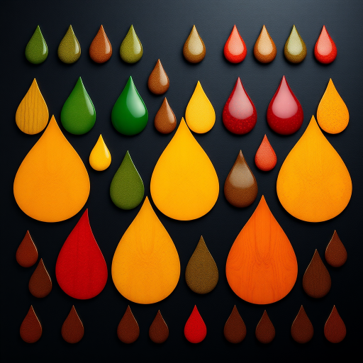 Create a high-resolution image of a grid pattern featuring teardrop shapes in a variety of colors including green, yellow, orange, red, and brown on a dark background, using a Canon EOS R5, 50mm lens, f/8 aperture, ISO 100, and soft natural lighting for enhanced clarity and detail.