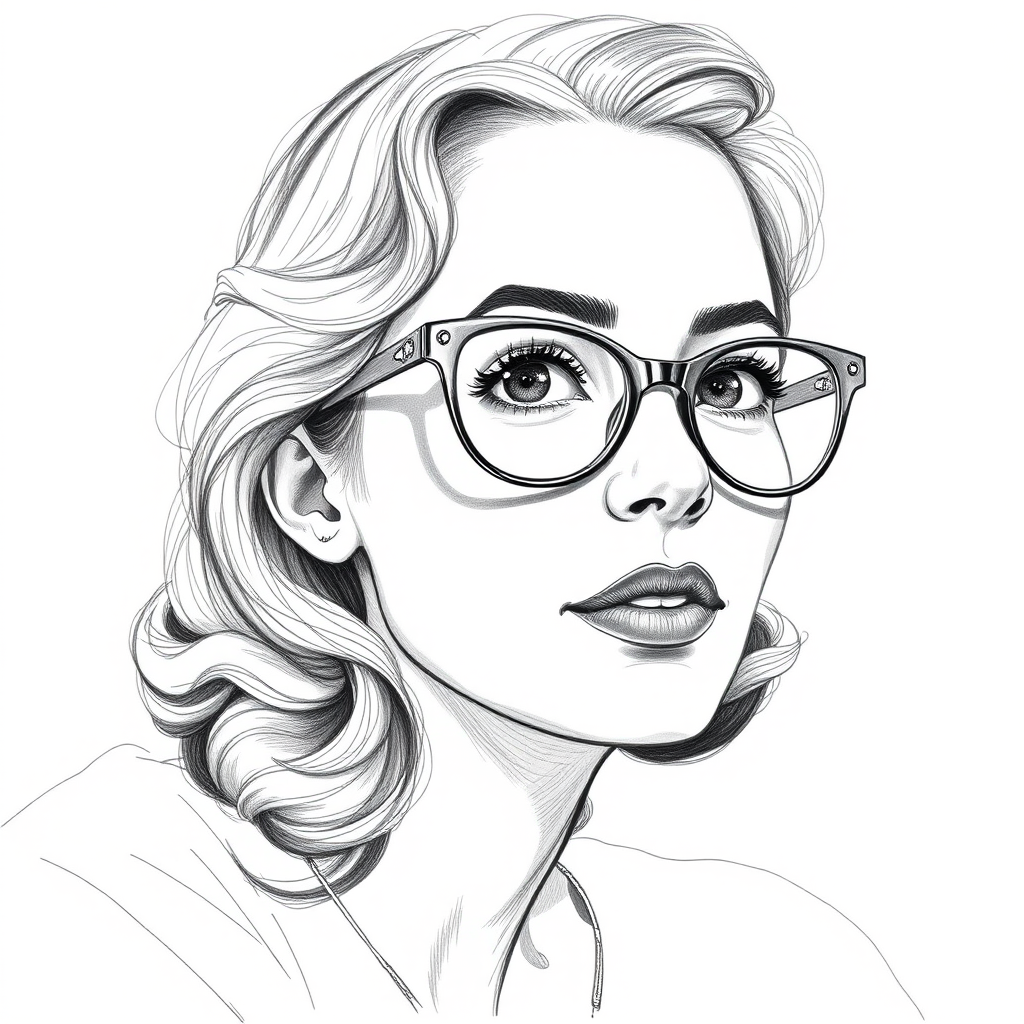 Lovely Carly Chaikin, pencil sketch, portrait of Pleasing woman 1933s in glasses, hair style beatnik, outline, clear lines, fine lines, 8k
