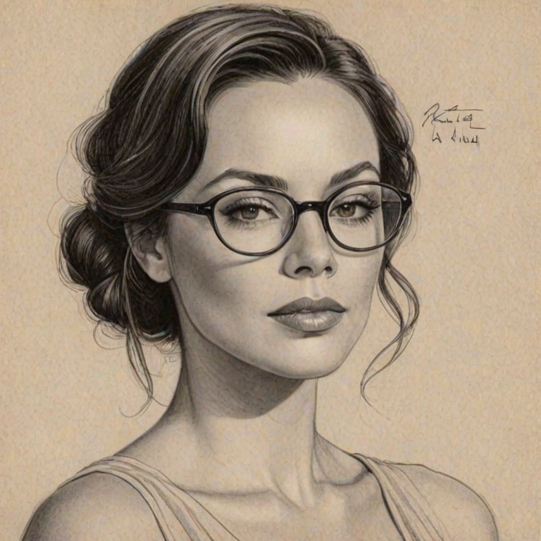 Alluring Krista Allen, pencil sketch, portrait of Elegant woman 1927s in glasses, hair style beatnik, outline, clear lines, fine lines, 8k