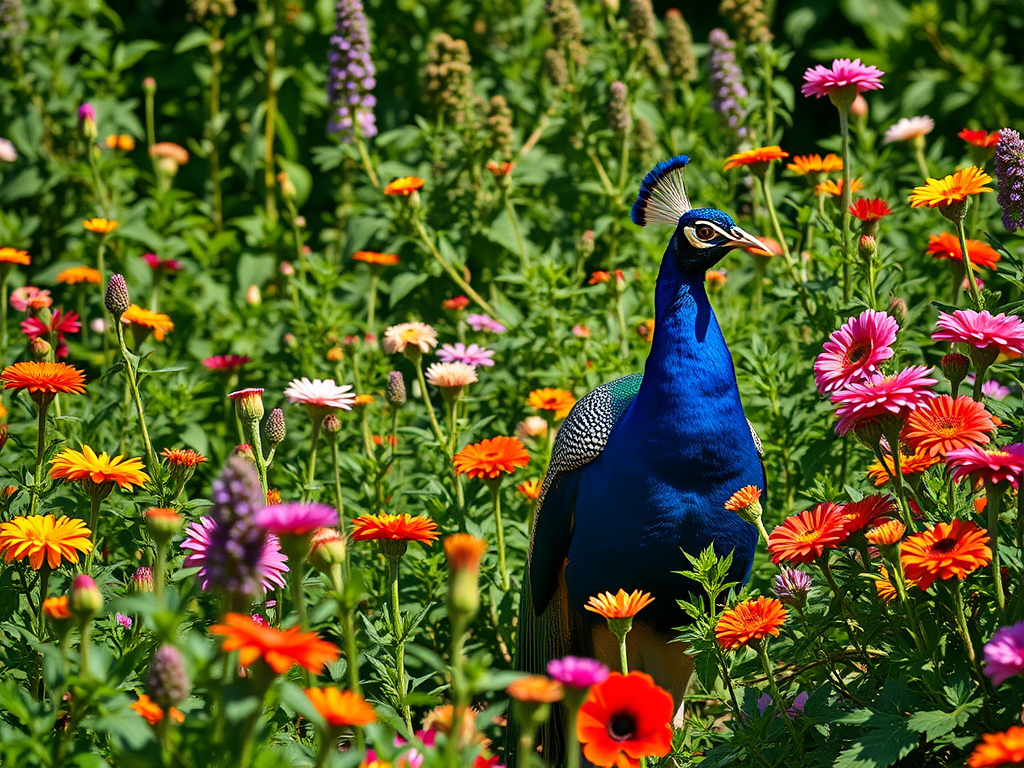 Generate a vibrant garden scene featuring a peacock among lush flowers and plants, shot with a Canon EOS R5 at f/2.8, 1/200s, ISO 100, using a 50mm lens from a low angle to capture depth and color, in natural daylight for enhanced clarity.