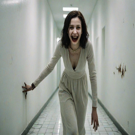 a crooked woman with long arms and a creepy smile is crawling along a long white corridor and you can also see cockroaches in it there is a creepy atmosphere creepy art style