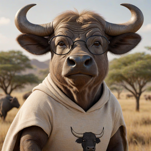 Hyperrealistic 3D render of a smiling cartoon Cape Buffalo wearing glasses and a beige t-shirt with a smaller buffalo image printed on it, missing some teeth, set against a blurred African savanna background, detailed fur, 8k resolution, octane render, artstation trending.