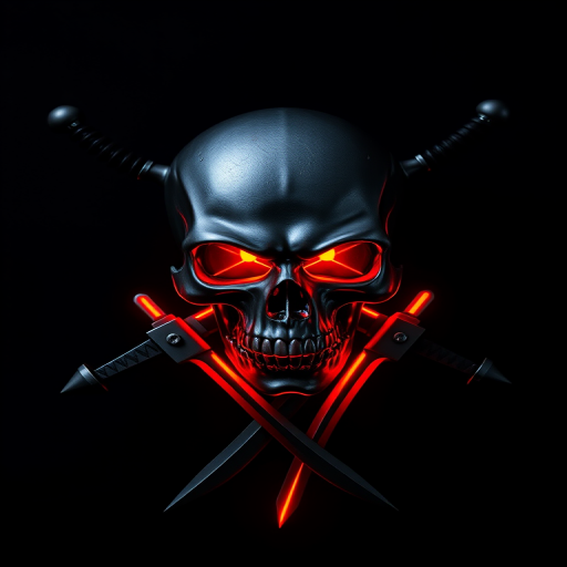 Create a dark-themed image of a metallic skull with glowing red eyes, crossed swords with neon accents, set against a textured black background, using a Canon EOS R5 camera with an 85mm f/1.2 lens at ISO 100, aperture f/2.8, shutter speed 1/125s, in a dramatic high-contrast lighting setup.