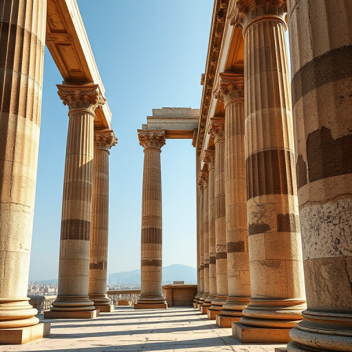 Create a high-resolution image of ancient columns in a linear perspective, captured with a DSLR camera at f/8, ISO 100, and 50mm lens, using a wide-angle view to emphasize depth and detail.