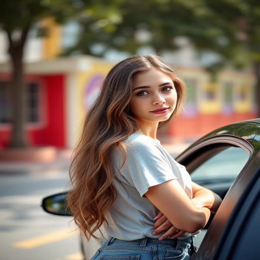 Portrait of a young woman with long wavy hair standing beside a car in a vibrant outdoor setting, natural light, shallow depth of field, 50mm lens, f/2.8 aperture, ISO 100, shot from eye level, using a DSLR camera.