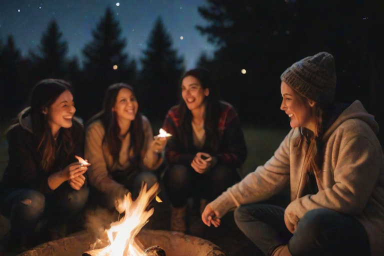 Blurry candid shot of a group of friends gathered around a campfire, roasting marshmallows and sharing stories, with soft flames illuminating their faces and a starry sky overhead.