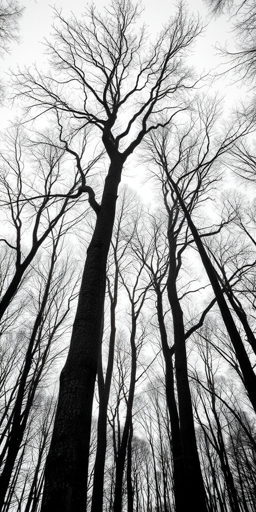 high contrast black and white image of bare trees from a low angle perspective, ISO 100, f/8, shutter speed 1/250, wide-angle lens, DSLR camera