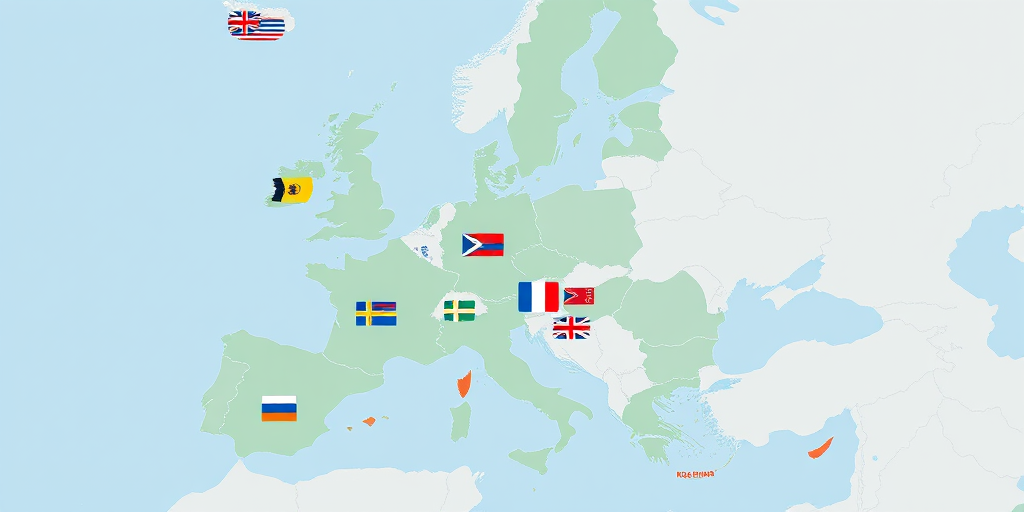 Regenerate an illustrated map of Europe highlighting countries with their flags, include a clean, modern design, use a flat style with minimalistic details, apply a top-down camera view, set aperture to f/8 for depth of field, use a digital illustration medium for clarity, ensure a high-resolution output for crisp lines and vibrant colors.