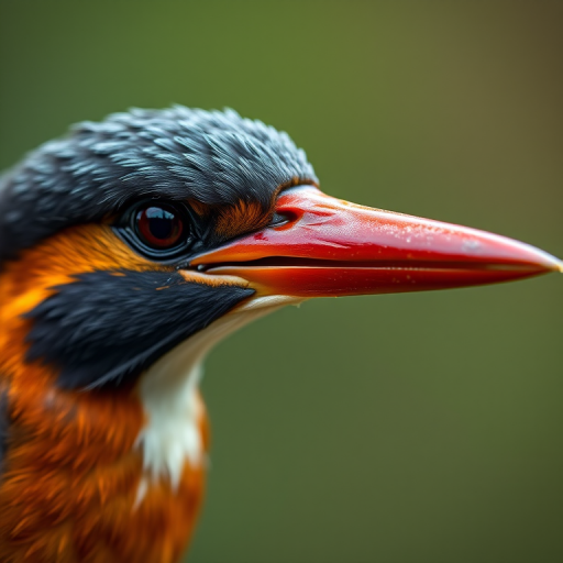 Photograph a close-up of a kingfisher with intricate detail, using a Canon EOS R5, 85mm lens, aperture f/1.8, ISO 100, shutter speed 1/200s, with a shallow depth of field and soft bokeh background for enhanced image quality.