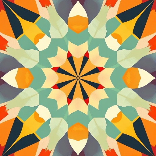 Generate a high-resolution image of an abstract geometric pattern with bold colors and sharp lines using a DSLR camera at f/8 aperture, ISO 100, 50mm focal length, shot from a top-down view with natural lighting for enhanced detail and contrast.