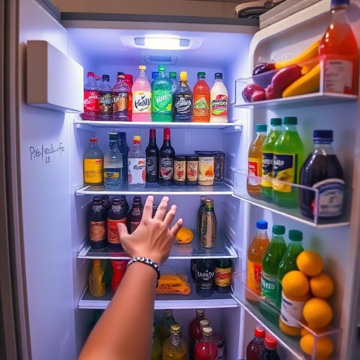 Interior shot of an open refrigerator filled with various drinks and fresh produce, with a human hand reaching into the fridge, shot with a DSLR camera at f/8 aperture, ISO 200, 24mm lens, natural lighting, wide-angle view for enhanced depth.