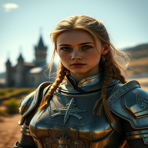 portrait of a girl, the most beautiful in the world, (medieval armor), metal reflections, upper body, outdoors, intense sunlight, far away castle, professional photograph of a stunning woman detailed, sharp focus, dramatic, award winning, cinematic lighting, octane render, unreal engine, volumetrics dtx, (film grain, bokeh, blurry foreground, blurry background), crest on chest