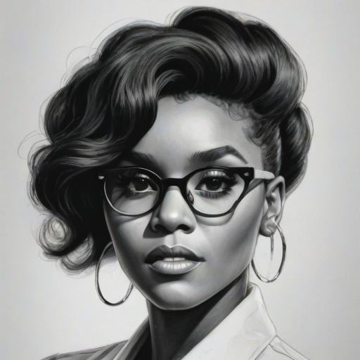 Alluring Janelle Monae, pencil sketch, portrait of Radiant woman 1924s in glasses, hair style beatnik, outline, clear lines, fine lines, 8k