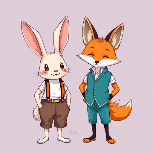 Illustrate two anthropomorphic characters, a rabbit in a stylish outfit with suspenders and pants, and a fox wearing a vest, in a bright, playful style, using a Canon EOS R5 with a 50mm f/1.2 lens at ISO 100, f/2.8, and a shallow depth of field for a vibrant, detailed look.