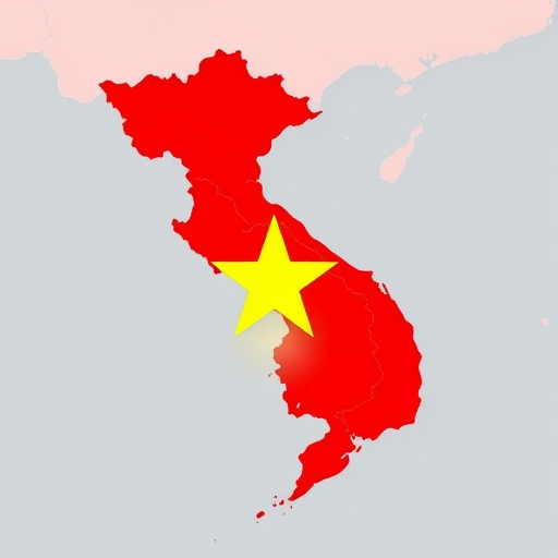 Create a high-resolution image of Vietnam's map colored in red with a large yellow star positioned in the north, using a DSLR camera with a 50mm lens, f/1.8 aperture, ISO 100, and natural lighting from a slightly elevated angle.