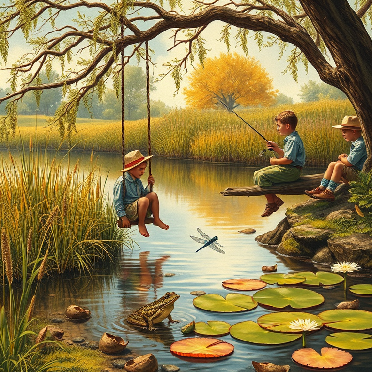 Imagine a small group of old fashioned young boys out fishing by the creek, a swing hanging from a tree branch, reeds and grasses by the water's edge, a frog sitting on a lily pad, dragonflies hovering over som water plans, a very iconic old fashioned scene reminiscent of a Norman Rockwell painting style