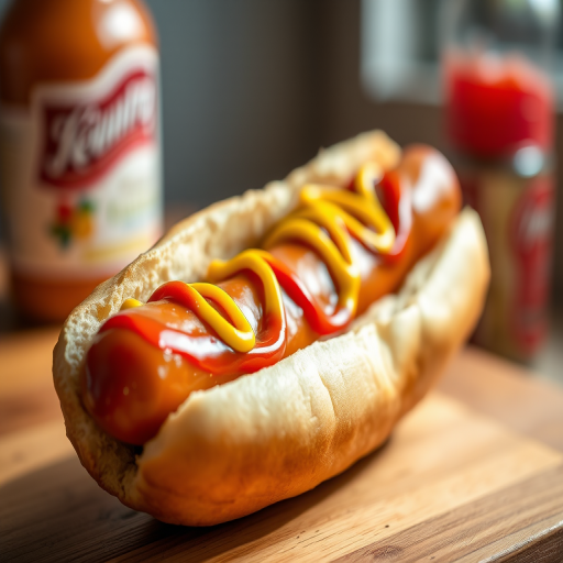 highly detailed photo of a hot dog with ketchup and mustard, shallow depth of field, 50mm lens, f/2.8, ISO 100, natural lighting, studio setting, soft shadows, vibrant colors