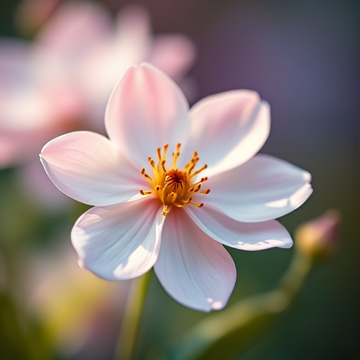 macro shot of a blooming flower with soft pastel colors and a blurred background, aperture f/2.8, shutter speed 1/200s, ISO 100, taken with a DSLR camera, 100mm lens, natural light, slight bokeh effect.