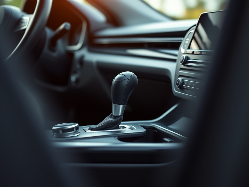 Capture a close-up image of a modern car interior focusing on the gear shift and center console, using a DSLR camera with a 50mm lens at f/2.8 aperture, ISO 100, and a shutter speed of 1/60 seconds, in natural light with a shallow depth of field to enhance details and create a soft background blur.