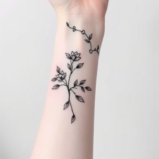 Delicate fine line tattoo wrapping around the wrist and forearm featuring a continuous floral vine with intricate leaves and blooms in a minimalist black ink style