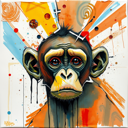 abstract watercolor painting with bold and deep brushstrokes. Thick impasto paint used. Dripping effect. Image breaking up into rectanguls shapes. Paint cracking. just a  smal;l pair of monkey's eyes starting to appear in the middle. The eyes are crying.  Coloured paint splattered around the edges. Geometric lines in background. swirly effect. peeling paint effect. raised rectangles. Dinghy Cream Look edge added in Topaz.