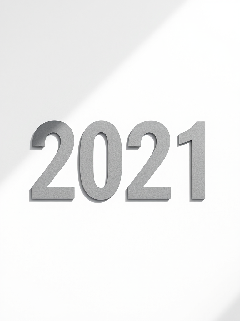 Generate an abstract minimalist design featuring the numbers 2021 in various shades of gray against a white background, using a Canon EOS R5 with a 50mm f/1.2 lens, aperture set to f/2.8 for depth of field, shot from a top-down view to emphasize the shapes and shadows.