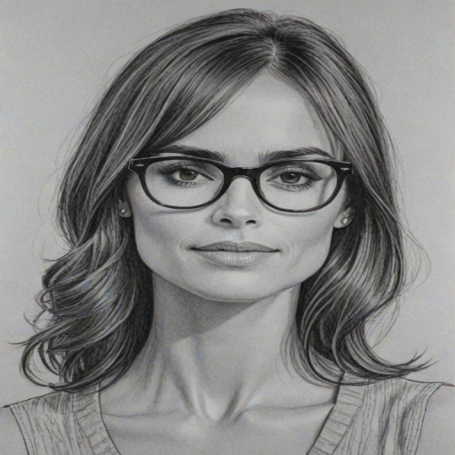 Gorgeous Jordana Brewster, pencil sketch, portrait of Graceful woman 1959s in glasses, hair style beatnik, outline, clear lines, fine lines, 8k