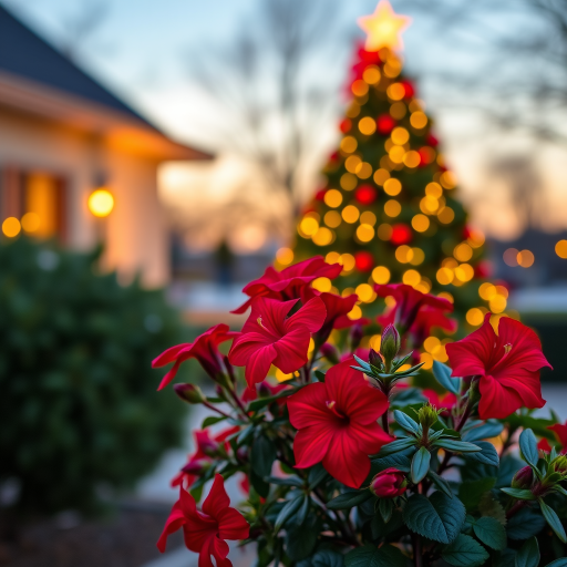 Create an image of a vibrant red flower bush in the foreground with a softly blurred background featuring a beautifully lit Christmas tree. The scene should convey a festive atmosphere with warm, glowing lights and a hint of evening sky.