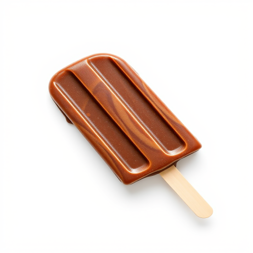 Create a high-resolution image of a chocolate popsicle on a clean, white background, using a DSLR camera with a 50mm lens, aperture set to f/2.8, ISO 100, and 1/200 sec shutter speed, using a soft light setup for enhanced clarity and detail.