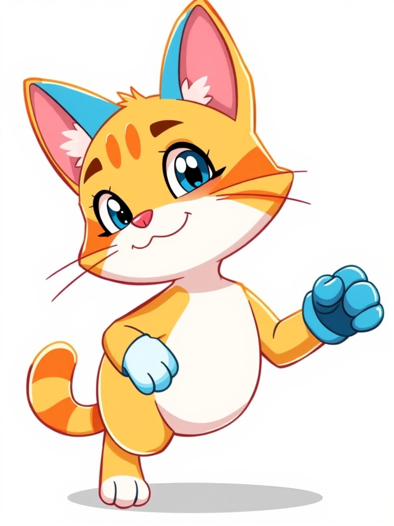 Create a vibrant, cartoon-style illustration of a cheerful cat character with blue ears and gloves, positioned dynamically to the right, using a high-resolution digital illustration technique; camera settings: f/4, ISO 100, 1/200s; camera view: eye level; camera style: vector art; camera type: digital tablet.
