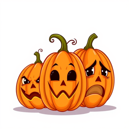 Create an illustration of three cartoon pumpkins with different facial expressions: one angry, one cheerful, and one annoyed, using vibrant colors, set against a clear background, captured with a DSLR camera at f/4, ISO 100, 50mm lens, with soft lighting for enhanced details.