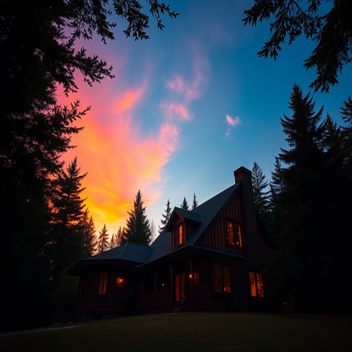 A cozy wooden house at sunset surrounded by lush trees and a vibrant sky, captured with a DSLR camera, 24mm lens, f/2.8 aperture, ISO 200, 1/60 second shutter speed, in a low-angle view for dramatic effect.