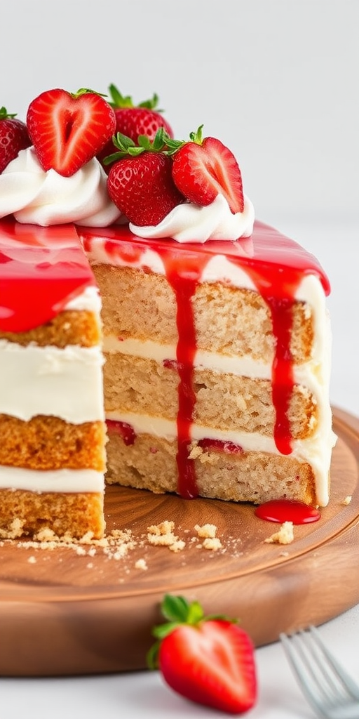 A delicious layered cake with whipped cream and fresh strawberries on top with strawberry sauce drizzling down the sides cut into a slice placed on a wooden board with crumbs scattered around on a light background