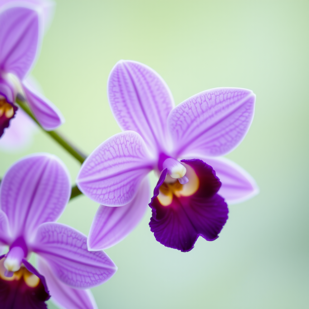 Close-up shot of vibrant purple orchids with a blurred background, aperture f/2.8, ISO 100, shutter speed 1/200s, macro lens, natural light, DSLR camera.