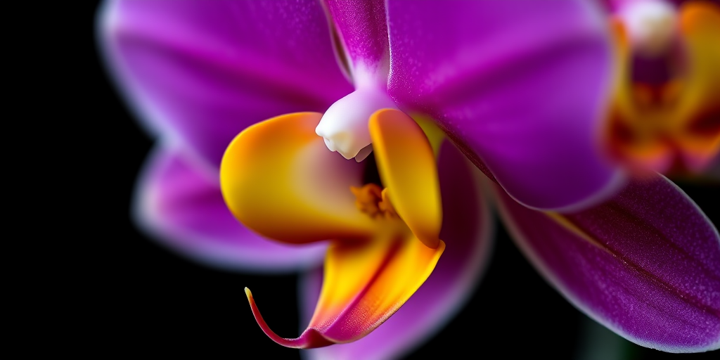 Close-up shot of a vibrant purple and yellow orchid on a black background, using a macro lens with a shallow depth of field, aperture f/2.8, ISO 100, 1/200 sec shutter speed, taken with a DSLR camera.