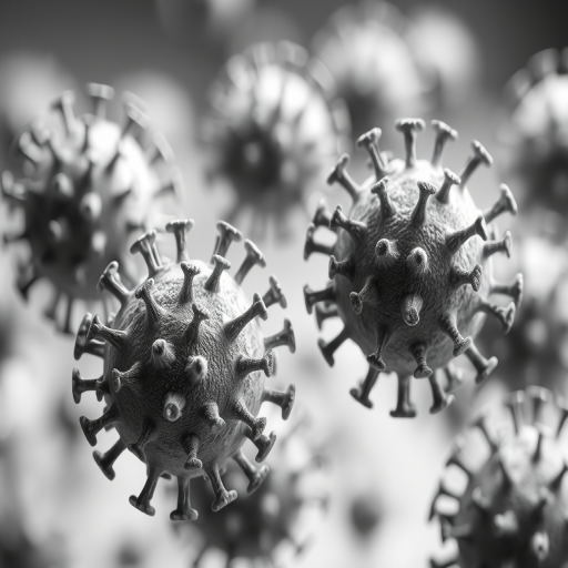 close-up view of detailed 3D virus models in a monochromatic setting, high dynamic range, f/2.8 aperture, ISO 100, 50mm lens, shallow depth of field, soft focus background, studio lighting