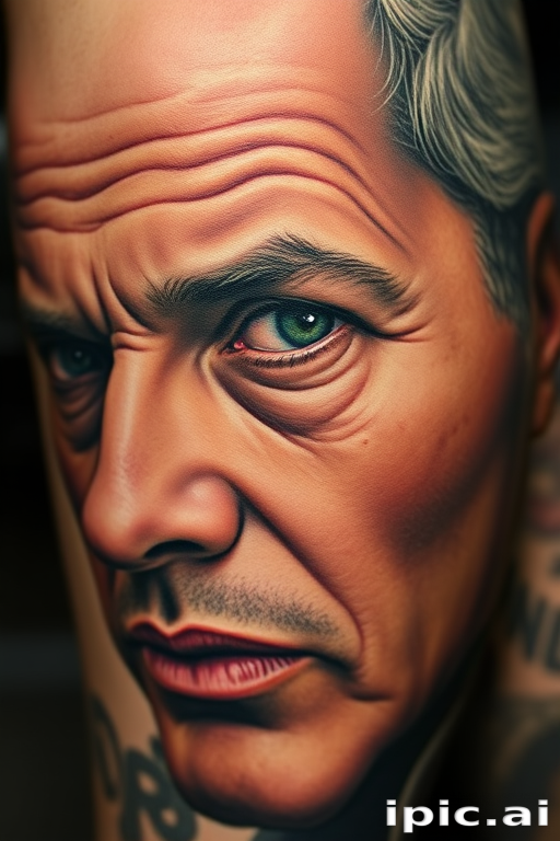 Realistic color portrait tattoo titled "Living Canvas" showcasing photorealistic details of a person's face with lifelike shading and vivid pigments that capture every nuance