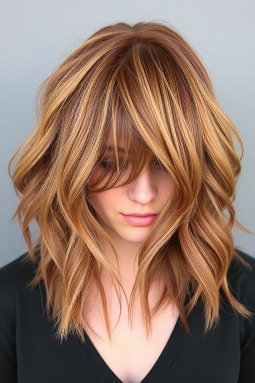 Earthy auburn shag dubbed "Autumn Whisper" featuring choppy layers and curtain bangs, capturing the essence of fall foliage with copper and cinnamon tones