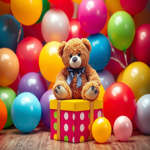 Create a vibrant scene featuring a teddy bear sitting on a colorful gift box, surrounded by an array of balloons in various colors, use a DSLR camera with a 50mm lens, aperture f/1.8, ISO 100, and a soft-focus background for depth.