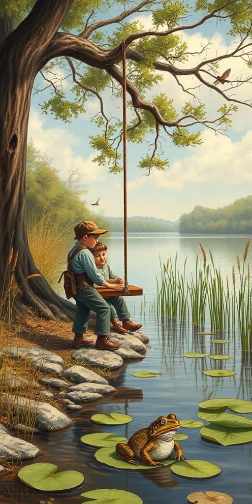 Imagine a small group of old fashioned young boys out fishing by the creek, a swing hanging from a tree branch, reeds and grasses by the water's edge, a frog sitting on a lily pad, dragonflies hovering over som water plans, a very iconic old fashioned scene reminiscent of a Norman Rockwell painting style