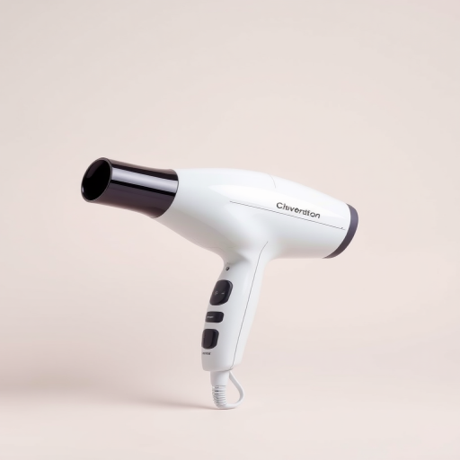 high-resolution image of a modern hair dryer on a simple background, 50mm lens, f/2.8 aperture, ISO 100, front view, studio lighting, DSLR camera